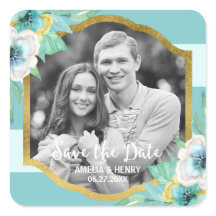 Mint Stripes Faux Gold Floral Save the Date Photo