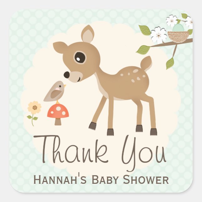 Pegatina Cuadrada MINT Woodland Deer Baby Shower Gracias Pegatinas (Anverso)