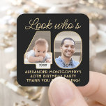 Pegatina Cuadrada Mira quién es el 40 Black & Gold Birthday Party 2<br><div class="desc">¡Mira quién tiene 40 años! Añade un toque de acabado personalizado a los favores de la fiesta de cumpleaños 40, invitaciones y gracias notas con pegatinas/sellos para sobres de la foto personalizado. Las imágenes y todos los textos de esta plantilla son simples para el personalizar (IMAGE PLACEMENT TIP: Una forma...</div>