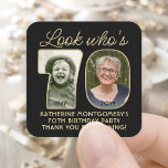 Pegatina Cuadrada Mira quién es el 70 Black & Gold Birthday Party 2<br><div class="desc">¡Mira quién tiene 70 años! Añade un toque de acabado personalizado a los favores de la fiesta de cumpleaños número 70, invitaciones y notas de agradecimiento con pegatinas/sellos para sobres de la foto personalizado. Las imágenes y todos los textos de esta plantilla son simples para el personalizar (IMAGE PLACEMENT TIP:...</div>