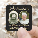 Pegatina Cuadrada Mira quién es el 80 Black & Gold Birthday Party 2<br><div class="desc">¡Mira quién tiene 80 años! Añade un toque de acabado personalizado a los favores de la fiesta de cumpleaños número 80, invitaciones y gracias notas con pegatinas/sellos para sobres de la foto personalizado. Las imágenes y todos los textos de esta plantilla son simples para el personalizar (IMAGE PLACEMENT TIP: Una...</div>