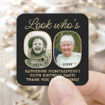 Pegatina Cuadrada Mira quién es el 90 Black & Gold Birthday Party 2<br><div class="desc">¡Mira quién tiene 90 años! Añade un toque de acabado personalizado a los favores de la fiesta de cumpleaños 90, invitaciones y notas de agradecimiento a los pegatinas/sellos para sobres de la foto personalizado. Las imágenes y todos los textos de esta plantilla son simples para el personalizar (IMAGE PLACEMENT TIP:...</div>