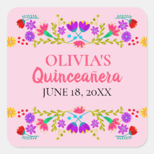 Pegatina Cuadrada Mis Quince Años Fiesta Mexicana Floral Rosa