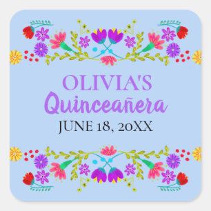 Pegatina Cuadrada Mis Quince Años Fiesta Mexicana Flores Azul Claro