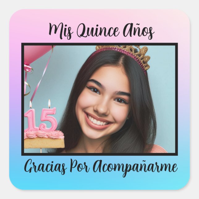 Pegatina Cuadrada Mis Quince Años Quinceañera gracias con foto (Anverso)
