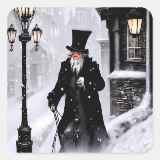 Pegatina Cuadrada Miserly Ebenezer Scrooge Snowy Victorian Street