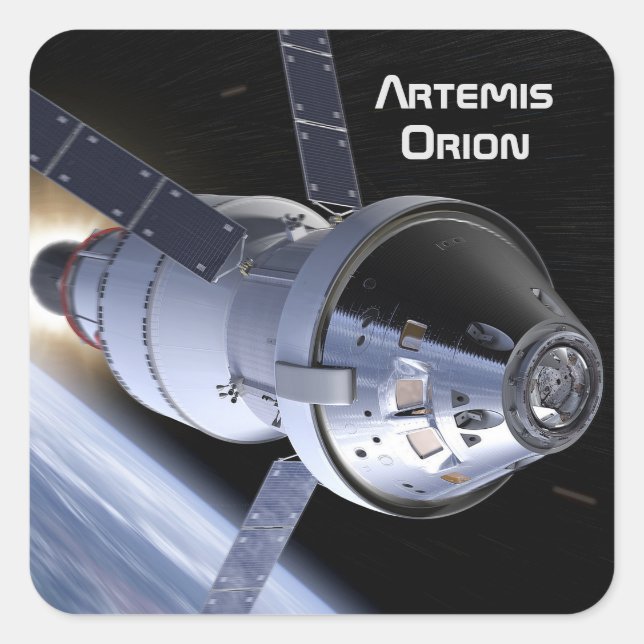 Pegatina Cuadrada Misión Moon de Artemis Orion SLS (Anverso)
