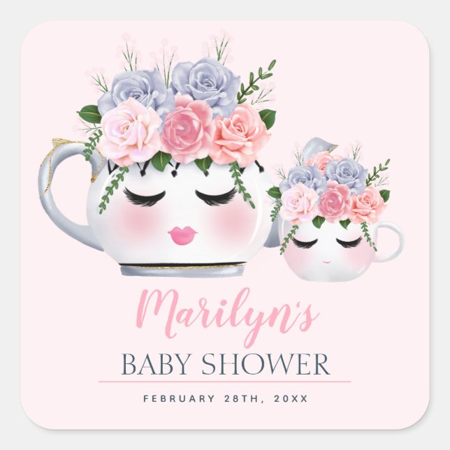 Pegatina Cuadrada Miss Eyelashes Teapot Mom Baby Floral Baby Shower (Anverso)