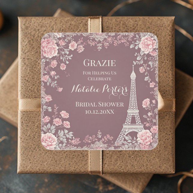 Pegatina Cuadrada Miss to Mrs Bridal Shower Paris Eiffel Tower Flora (Miss to Mrs Bridal Shower Paris Eiffel Tower Flora Square Sticker)