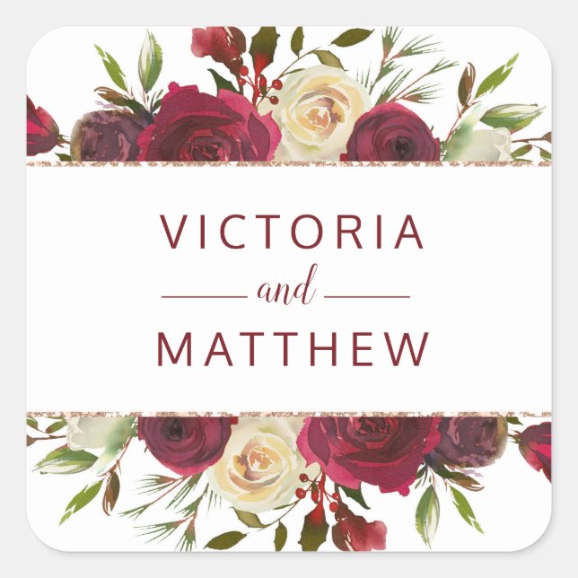 Pegatina Cuadrada Mistletoe Manor Acuarela Floral Monograma Boda (Anverso)
