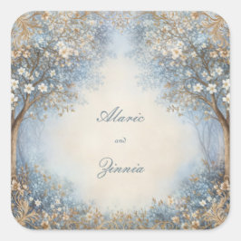 Pegatina Cuadrada Misty Blue Filigree Ethereal Forest Wedding