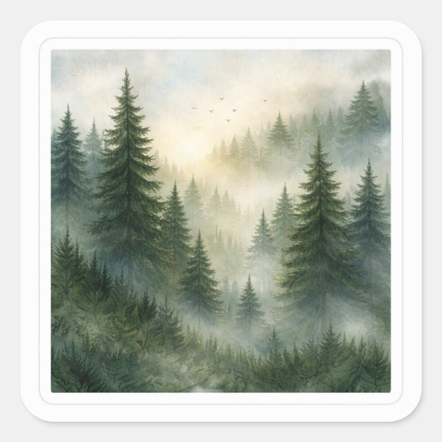 Pegatina Cuadrada Misty morning in pine forest aesthetic (Anverso)