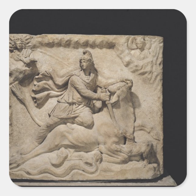 Pegatina Cuadrada Mithras sacando el toro, siglo II-3 (Anverso)
