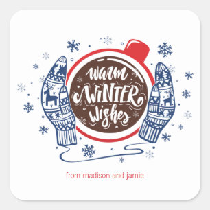 Pegatina Cuadrada Mittens Y Cocoa Warm Winter Wire Holiday