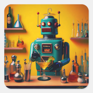 Pegatina Cuadrada Mixólogo de Robot Futurista Retro ROBIA 12J2
