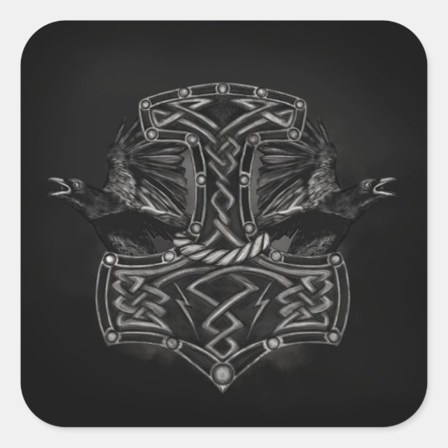 Pegatina Cuadrada Mjolnir - el martillo del Thor y de cuervos (Anverso)