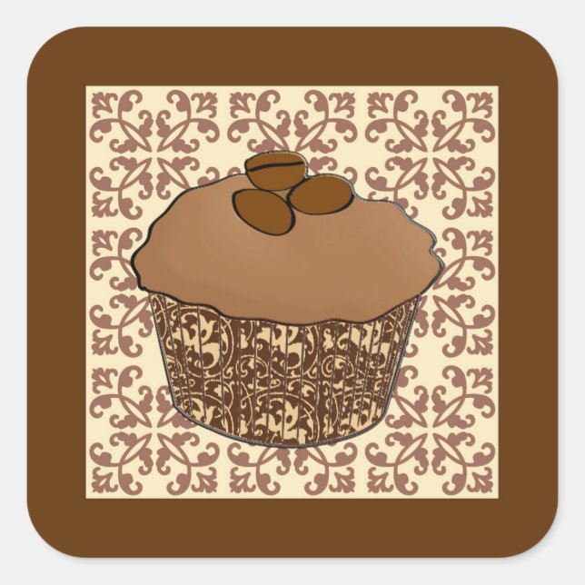 Pegatina Cuadrada Mocha / Café Pastel escarlatado, fondo de encaje (Anverso)