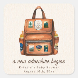Pegatina Cuadrada Mochila de aventura + Botellas Woodland Baby Showe