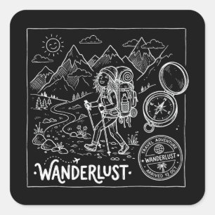 Pegatina Cuadrada Mochilero Doodle de Wanderlust