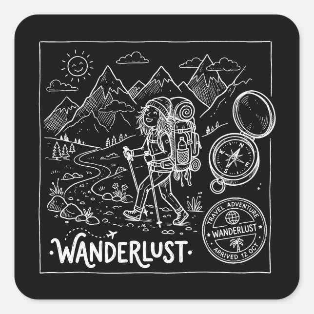Pegatina Cuadrada Mochilero Doodle de Wanderlust (Anverso)