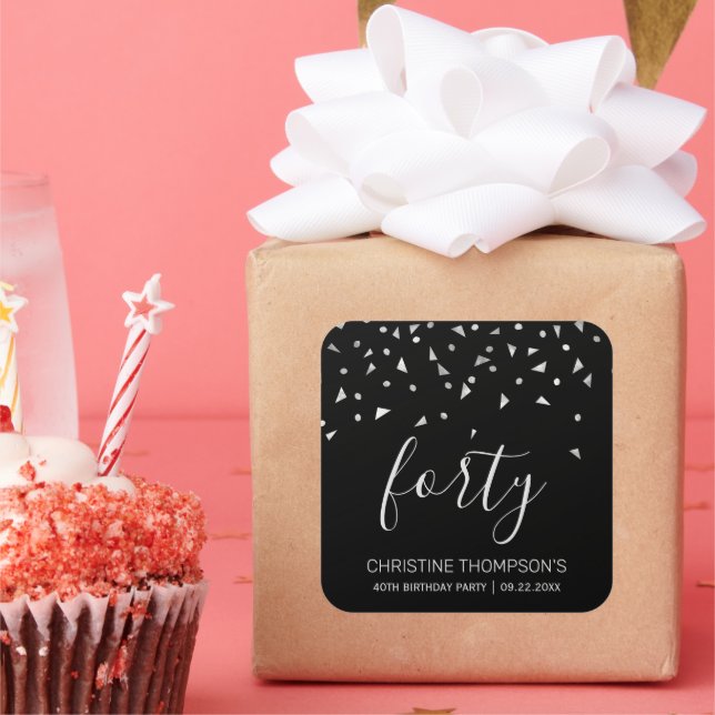Pegatina Cuadrada Moda 40 cumpleaños Confetti negro plateado (Fiesta)
