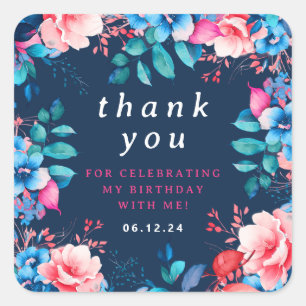 Pegatina Cuadrada Moda acuarela Floral Cumpleaños Gracias Marina