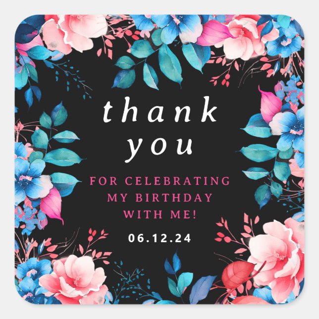 Pegatina Cuadrada Moda acuarela Floral cumpleaños gracias negro (Anverso)