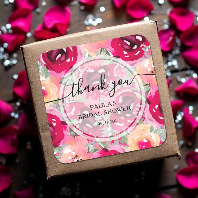 Pegatina Cuadrada Moda Acuarela Flores Rosa Gracias (Watercolor hot pink and cream flowers thank you bridal shower square  stickers)