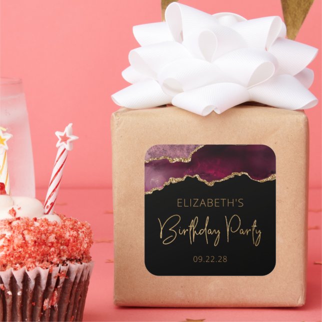 Pegatina Cuadrada Moda Agate Geode Burgundy Gold Birday Party (Fiesta)