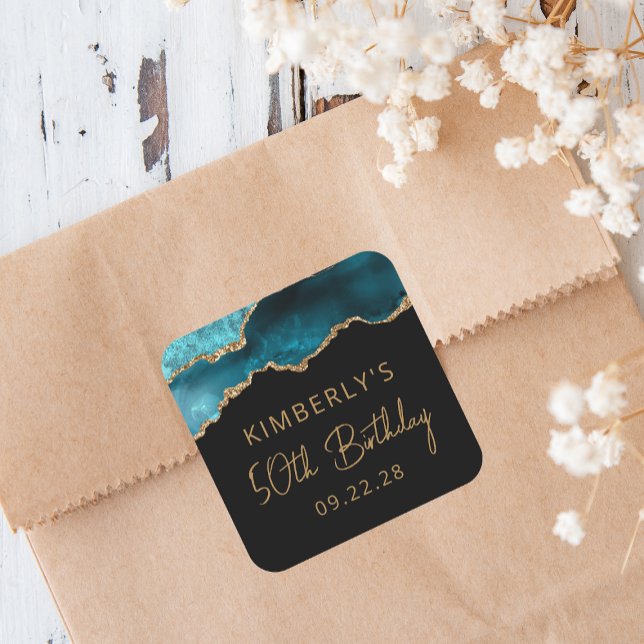 Pegatina Cuadrada Moda Agate Geode Verde azulada Gold 50 cumpleaños (Subido por el creador)