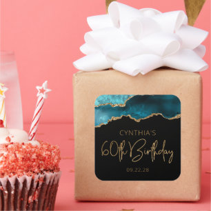 Pegatina Cuadrada Moda Agate Geode Verde azulada Gold Fiesta de cump