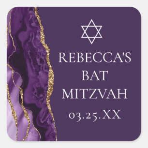 Pegatina Cuadrada Moda Agate Purple Gold Bat Mitzvah Fiesta