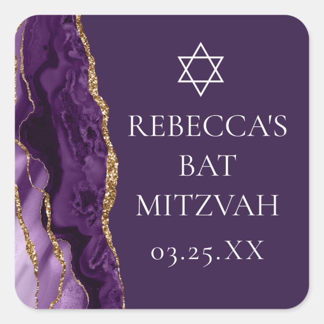 Pegatina Cuadrada Moda Agate Purple Gold Bat Mitzvah Fiesta (Anverso)