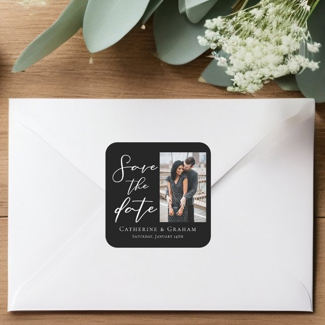 Pegatina Cuadrada Moda Black White Script Couple Photo Save the Date (Subido por el creador)
