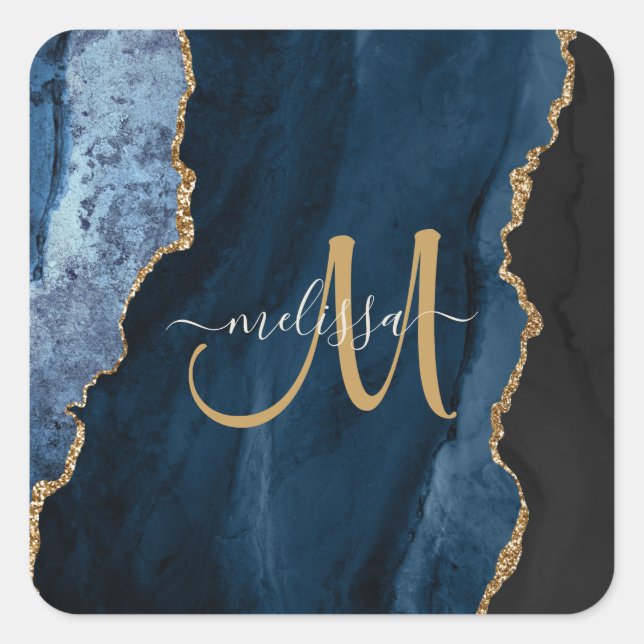 Pegatina Cuadrada Moda Blue Gold Agate Script Monograma Personalizad (Anverso)