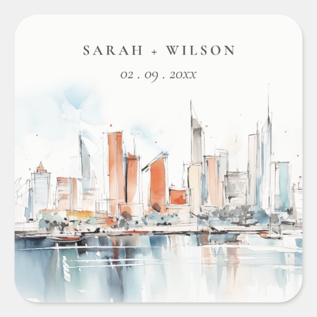 Pegatina Cuadrada Moda Boda de acuarela de Miami Florida Skyline (Anverso)