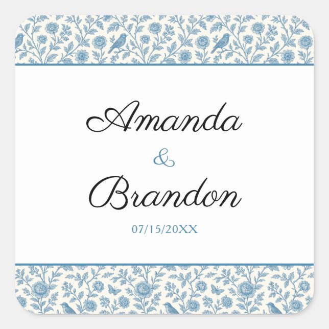 Pegatina Cuadrada Moda Boda de la frontera floral Blue Toile de Jouy (Anverso)