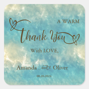 Pegatina Cuadrada Moda costera Boda de agua turquesa de arena dorada