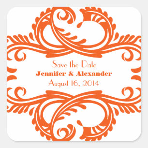 Pegatina Cuadrada Moda Damask Save the Date Pegatinas, Naranja