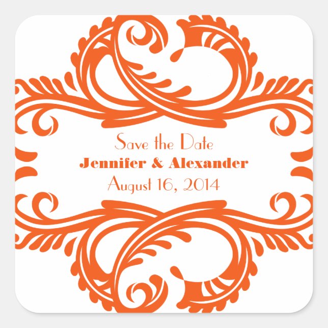 Pegatina Cuadrada Moda Damask Save the Date Pegatinas, Naranja (Anverso)