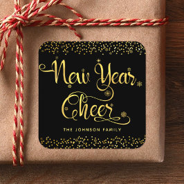 Pegatina Cuadrada Moda de Año Nuevo Cheque Oro Copos de Nieve Perso