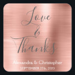 Pegatina Cuadrada Moda de oro rosa rosa de amor metálico y gracias<br><div class="desc">Rubor Pink - Oro Rosa y Tipografía Gris Carbón Script Faux Faux Metalizado Metallic Elegant Love and Gracias - Gracias Favor Pegatina que se puede usar como Sello para sobres. Este pegatina se puede personalizar para incluir su nombre y fecha de boda. Este pegatina forma parte de una colección de...</div>
