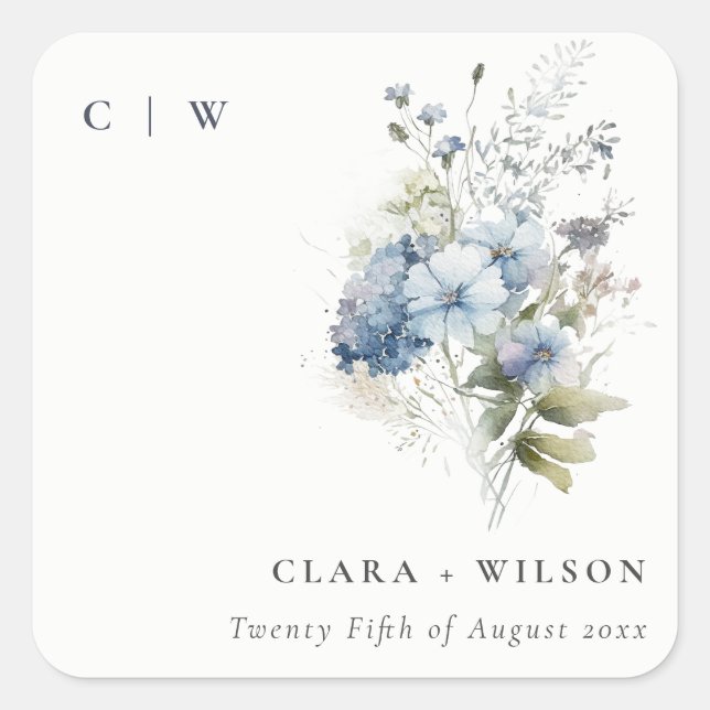 Pegatina Cuadrada Moda Dusky Azul Acuarela Algodón Boda Floral (Anverso)