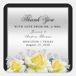 Pegatina Cuadrada Moda Elegantes Rosas Boda Plata Gracias