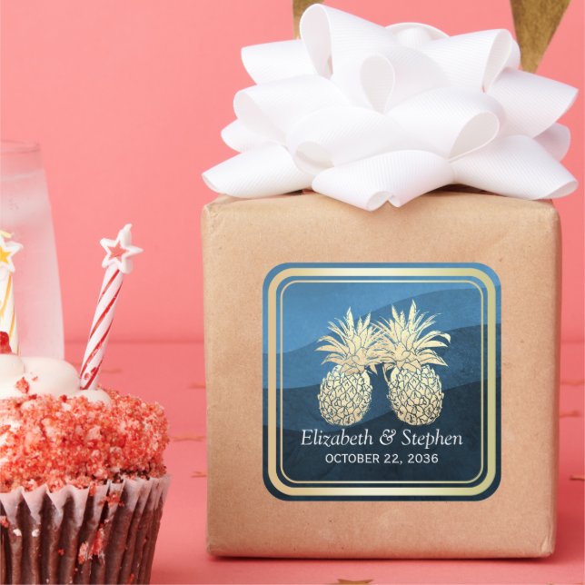 Pegatina Cuadrada Moda Faux Gold Pineapple Couple Blue Wave Boda (Fiesta)