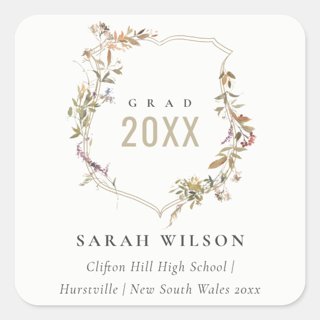 Pegatina Cuadrada Moda Graduación de Escudo de Flor Silvestre Rubor  (Anverso)