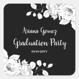 Pegatina Cuadrada Moda Graduación Floral Blanca Y Negra Moderna