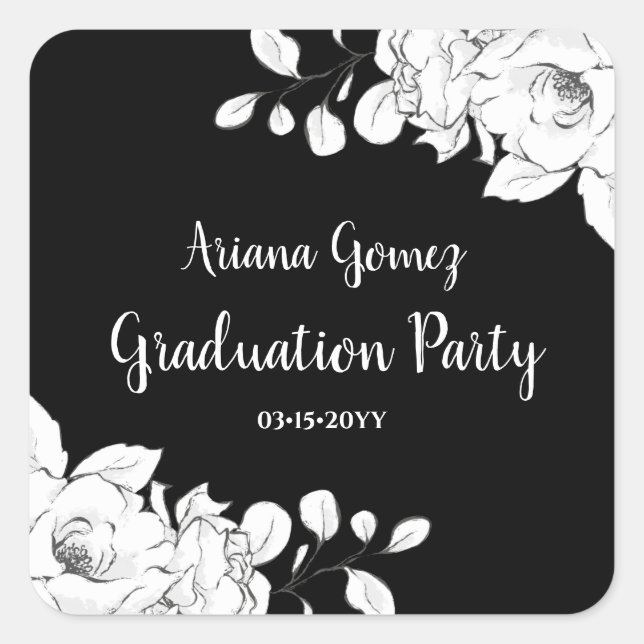 Pegatina Cuadrada Moda Graduación Floral Blanca Y Negra Moderna (Anverso)