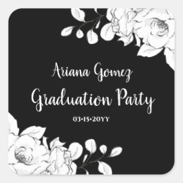 Pegatina Cuadrada Moda Graduación Floral Blanca Y Negra Moderna