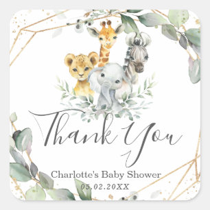 Pegatina Cuadrada Moda Greenery Jungle Animales Baby Shower Cumpleañ